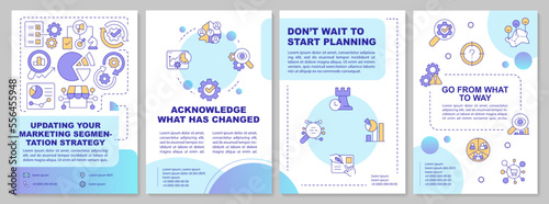 Updating market segmentation strategy blue brochure template. Leaflet design with linear icons. Editable 4 vector layouts for presentation, annual reports. Arial-Black, Myriad Pro-Regular fonts used
