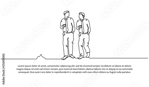 Continuous line design of two young men walking discussing holding coffee cup. Work relaxation design concept. Decorative elements drawn on a white background.