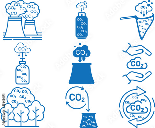 Capture and storage CO2 icon set, CO2 gas capture icon set blue vector