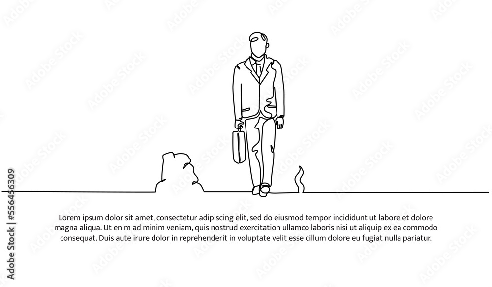 Continuous line design of young man walking with briefcase. Design concept of going to work. Decorative elements drawn on a white background.