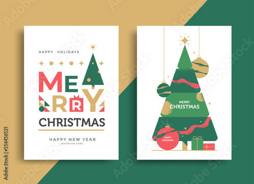 Merry Christmas invite posters template. New Year greeting card design with stylized christmas tree and balls. Vector illustration