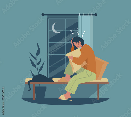 Insomnia. Tired character unable to fall asleep, suffering from