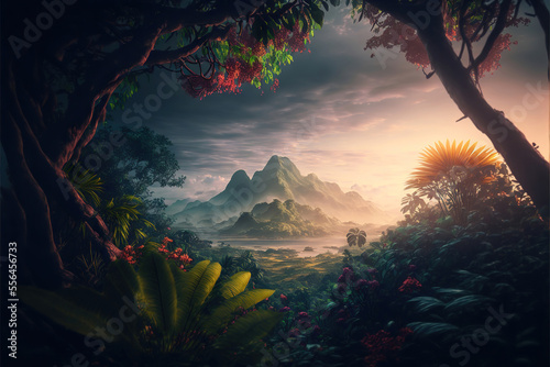 fantasy tropical mountain colorful sunset landscape background  generative ai
