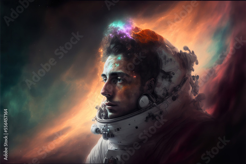 ethereal astronaut double exposure colorful nebula,