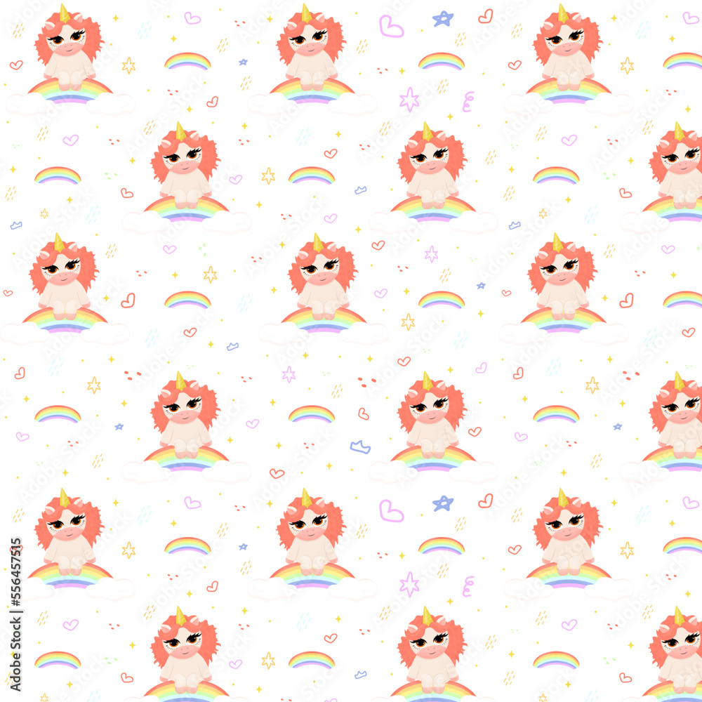Cute seamless pattern with a magical unicorn character. Children's cartoon character with red mane, children's pattern