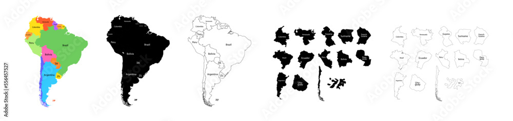 South America map. Set from selected countries. Silhouette, color and line style.