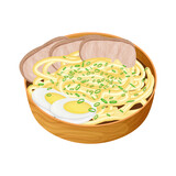 Food illustration, ramen, noodles, meat, egg, croutons and greens. Vector Illustration. Asian Food