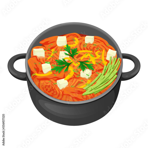 Food illustration, kimchi with vegetables, cucumber, sweet peppers, tofu slices and greens. Korean food, healthy eating, cooking, menu. Vector illustration