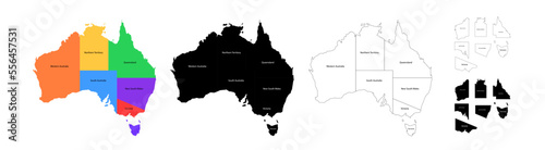 Australia map. Set from selected states. Silhouette, color and line style.