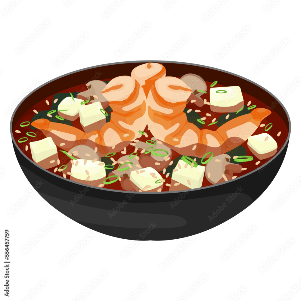 Miso soup with shrimp, seaweed, tofu, shiitake mushrooms, sesame and green onions Miso soup with shrimp, seaweed, tofu, shiitake mushrooms, sesame and green onions