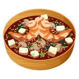 Miso soup with shrimp, seaweed, tofu, shiitake mushrooms, sesame and green onions