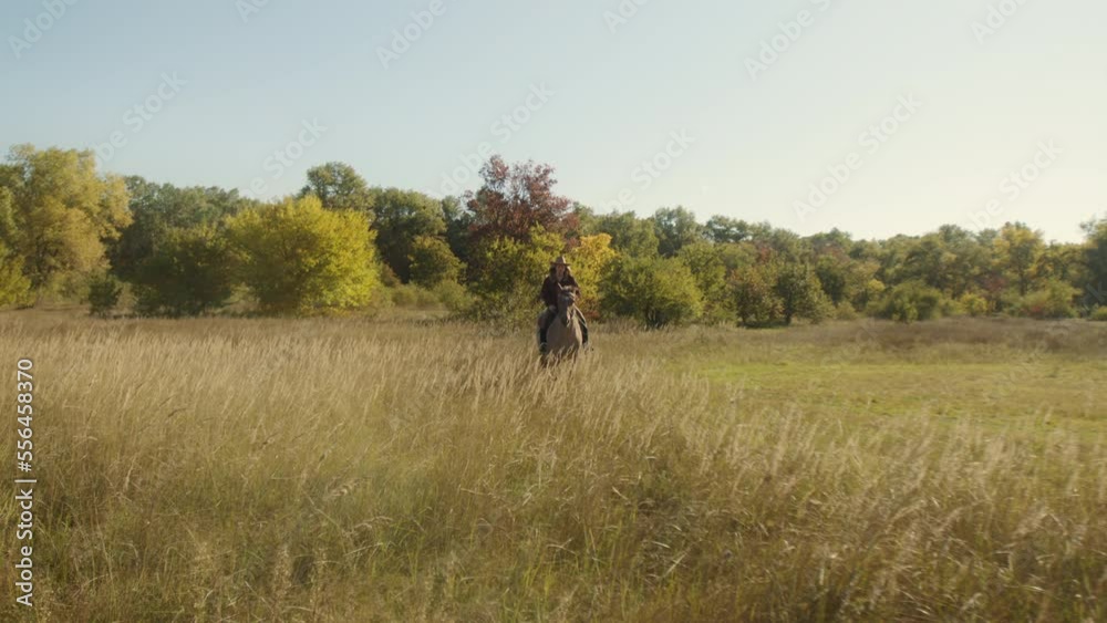 Beautiful jockey having active leisure day outdoors. Female horsewoman galloping on a horseback with lush woods around. High quality 4k footage Beautiful jockey having active leisure day outdoors. Female horsewoman galloping on a horseback with lush woods around. High quality 4k footage