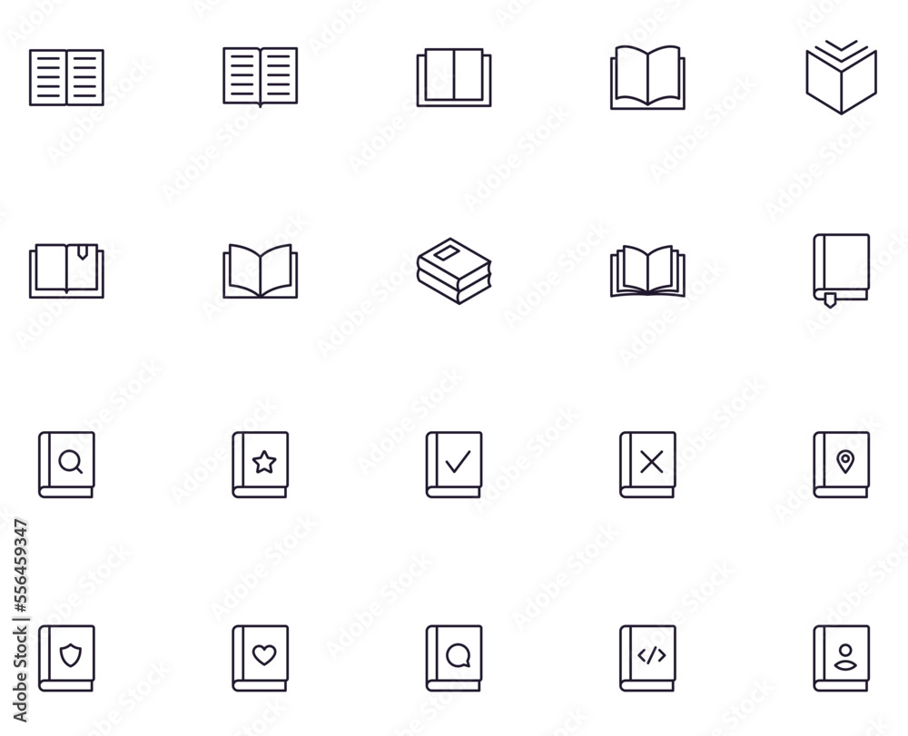 Book concept. Collection of book high quality vector outline signs for web pages, books, online stores, flyers, banners etc. Set of premium illustrations isolated on white background