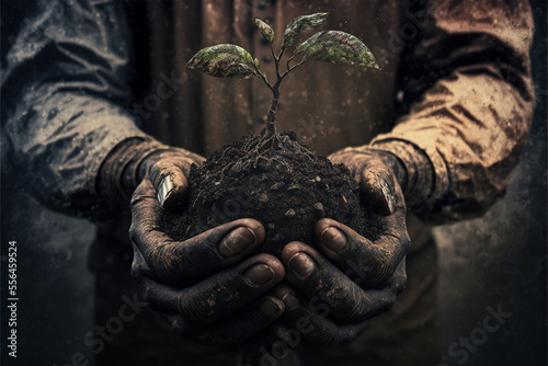  nurture. dirty hands of a gardener holding a single tree sapling. 