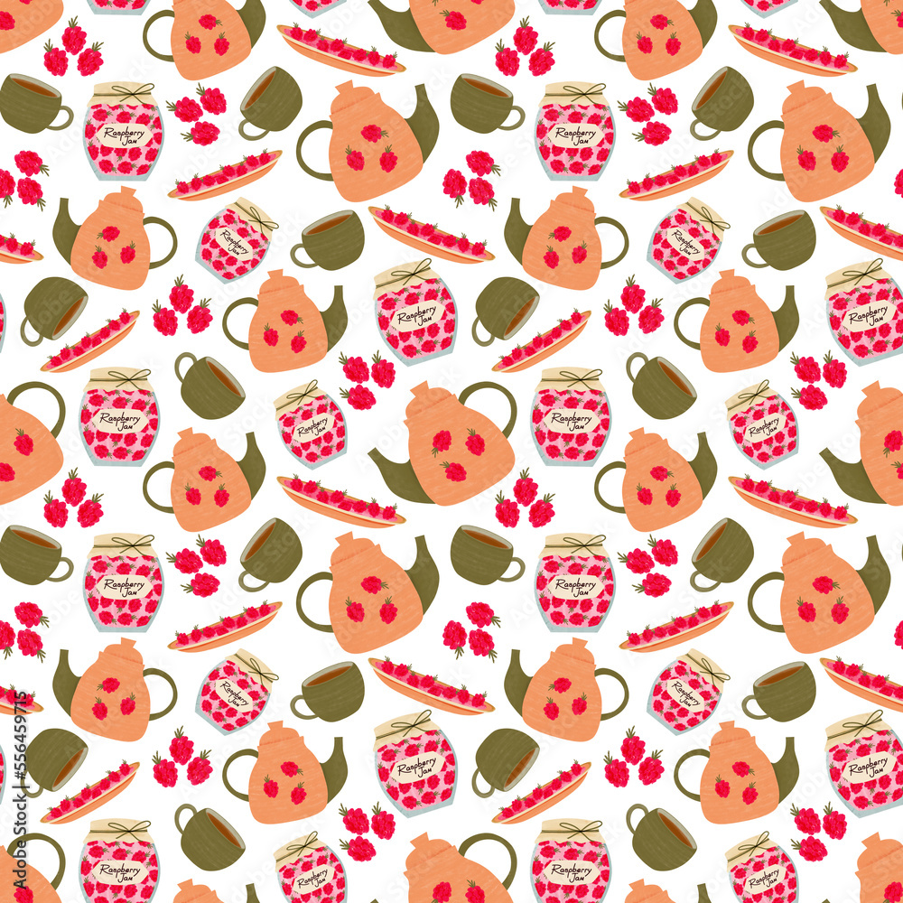 Obraz premium Seamless tea pattern, Herbal tea background, Teapots, tea accessories, Cute cartoon pattern with funny teapots, Kitchen textile prints, Wrapping paper, scrapbooking, backgrounds, wallpaper, Tea time