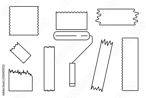 Samples and swatches of paint, fabric, duct tape. Linear vector illustration. Contour drawing and paint roller icon.