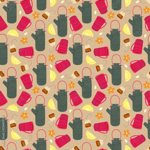Seamless tea pattern, Herbal tea background, Teapots, tea accessories, Cute cartoon pattern with funny teapots, Kitchen textile prints, Wrapping paper, scrapbooking, backgrounds, wallpaper, Tea time