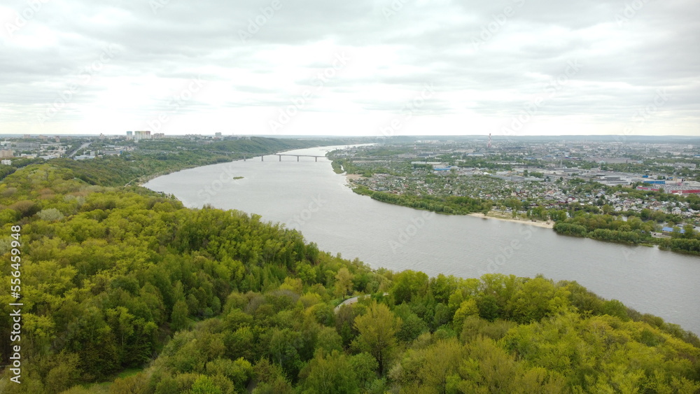 The majestic Volga River. Power. Drone Photo. Panorama