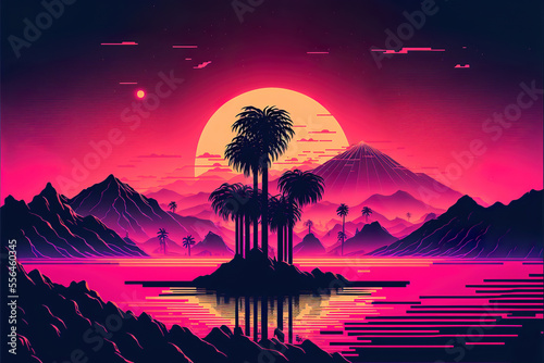 retro 80 s color synthwave style mountain landscape with sunset  retro computer graphic  made with generative ai