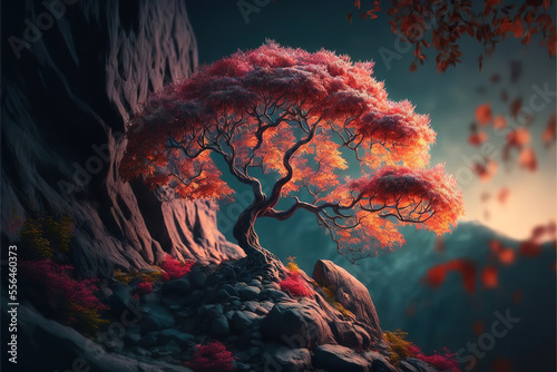 beautiful landscape with maple sakura cherry trees and mountains, beautiful lighting at sunset, made with generative ai © Gbor