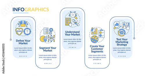 Get started with segmentation blue rectangle infographic template. Data visualization with 5 steps. Editable timeline info chart. Workflow layout with line icons. Lato-Bold, Regular fonts used