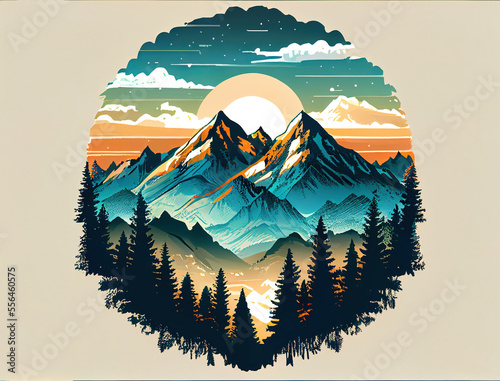 snowy mountains with pine forest and sunset, good reference for t-shirt design, made with generative ai	

