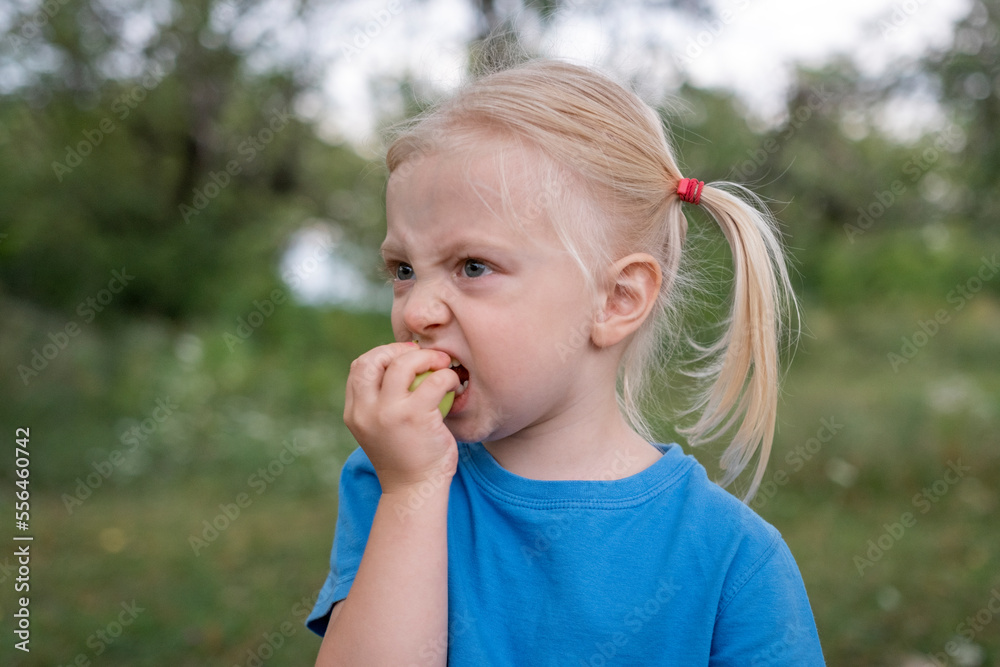 Fair-haired little girl in blue t-shirt eats green apple outside. Child walks in park or garden. Close-up portrait of little girl. Fair-haired little girl in blue t-shirt eats green apple outside. Child walks in park or garden. Close-up portrait of little girl.