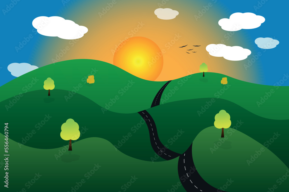 Green meadow and road in the background of the fairy-tale sun