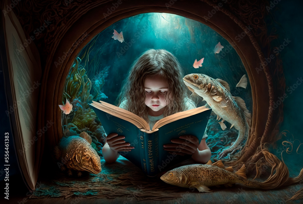 Fototapeta premium little girl reading a fantasy book, generative ai