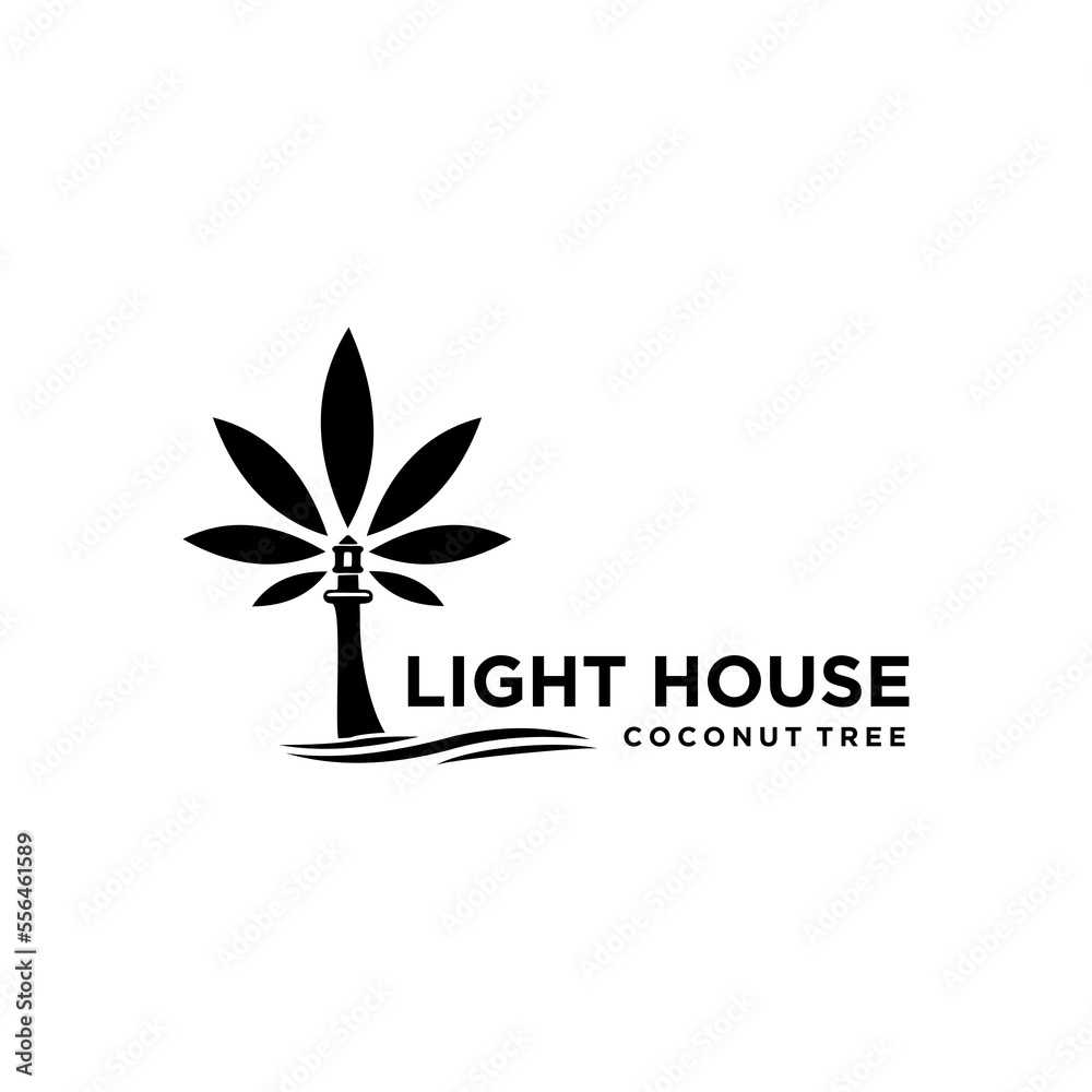 light house logo design with abstract tree coconut palm beach marijuana leaf