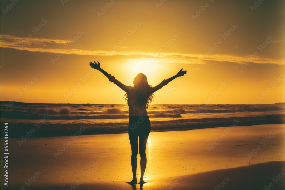 Happy woman with arms up enjoy freedom at the beach at sunset, ai generated