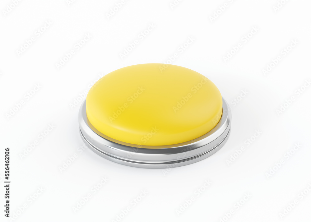 Alarm button 3d render icon - start yellow simple circle with switch sign, round shutdown metal element Alarm button 3d render icon - start yellow simple circle with switch sign, round shutdown metal element