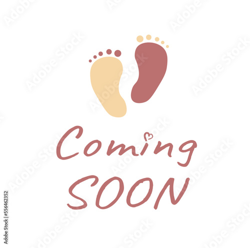 baby coming soon banner with cute newborn feet and heart. pregnant mother and daughter concept. happy birthday little child