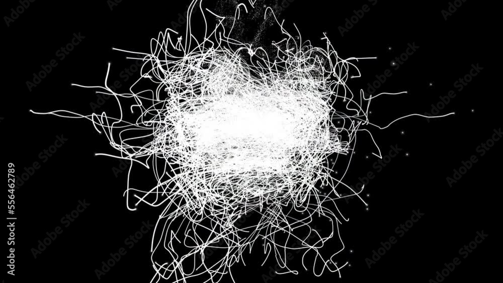 Abstract tangle of threads and particles unwinds and becomes more complicated. Chaotic jumble of threads and lines. Cosmic chaos. Monochrome on black background with Alpha channel 3D render