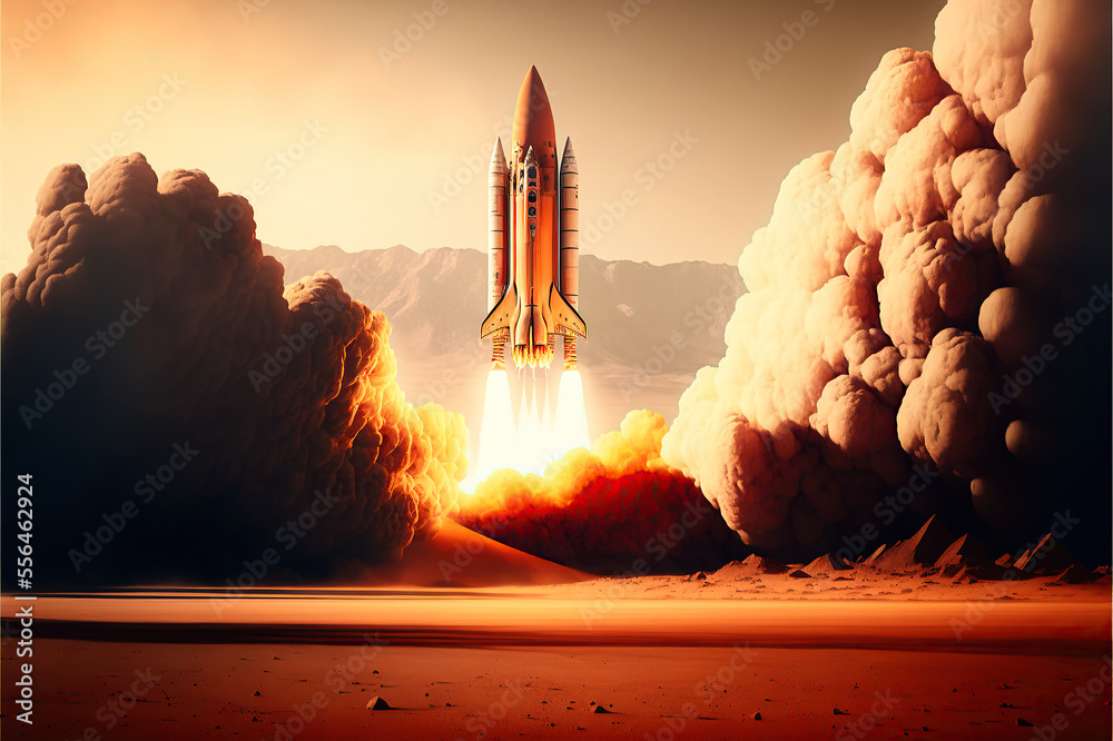 Generative AI digital art of a space shuttle rocket landing on planet ...