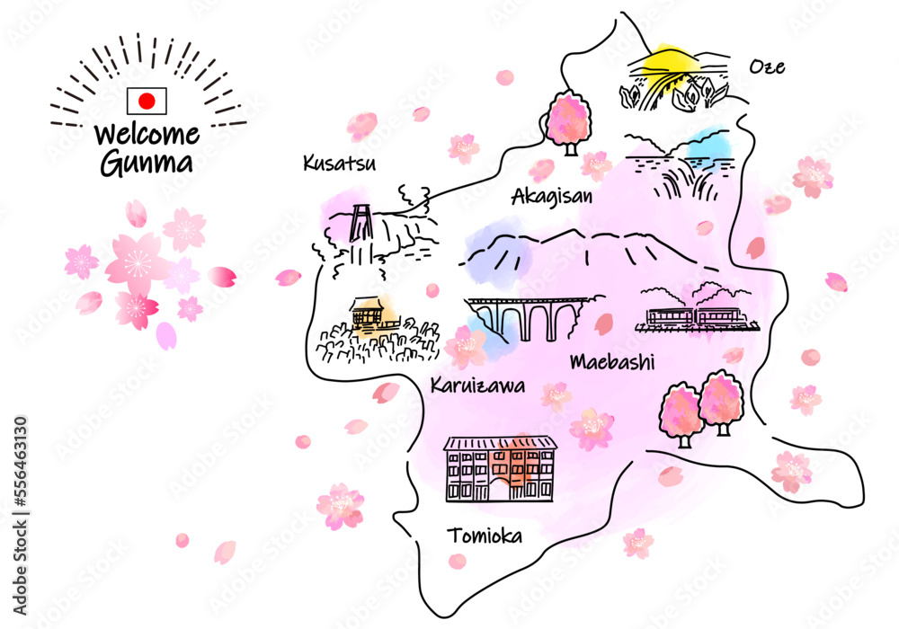 Fototapeta premium 春の群馬県の観光地のシンプル線画イラストマップ（ピンク）