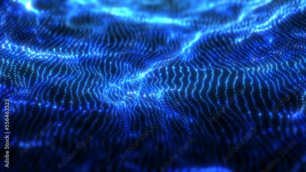 Abstract blue futuristic waves from a grid of particles lines glowing bright shiny neon digital magical energy on a dark background. Abstract background. Video in high quality 4k, motion design Abstract blue futuristic waves from a grid of particles lines glowing bright shiny neon digital magical energy on a dark background. Abstract background. Video in high quality 4k, motion design