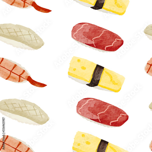 Vector watercolour traditional sushi seamless pattern. japanese cuisine background editable template for menu, print, poster, packing, paper design, flyer.