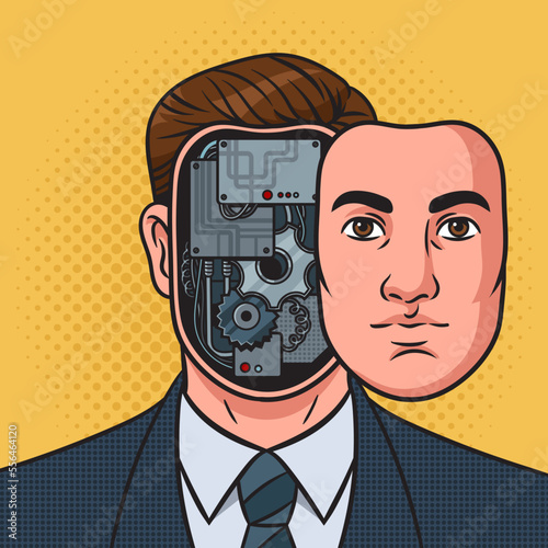 cyborg businessman face with internal mechanism and electronics pinup pop art retro vector illustration. Comic book style imitation.