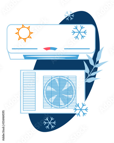 Air conditioner repair logo or emblem design cartoon vector illustration isolated on white background. Air conditioner maintenance service.