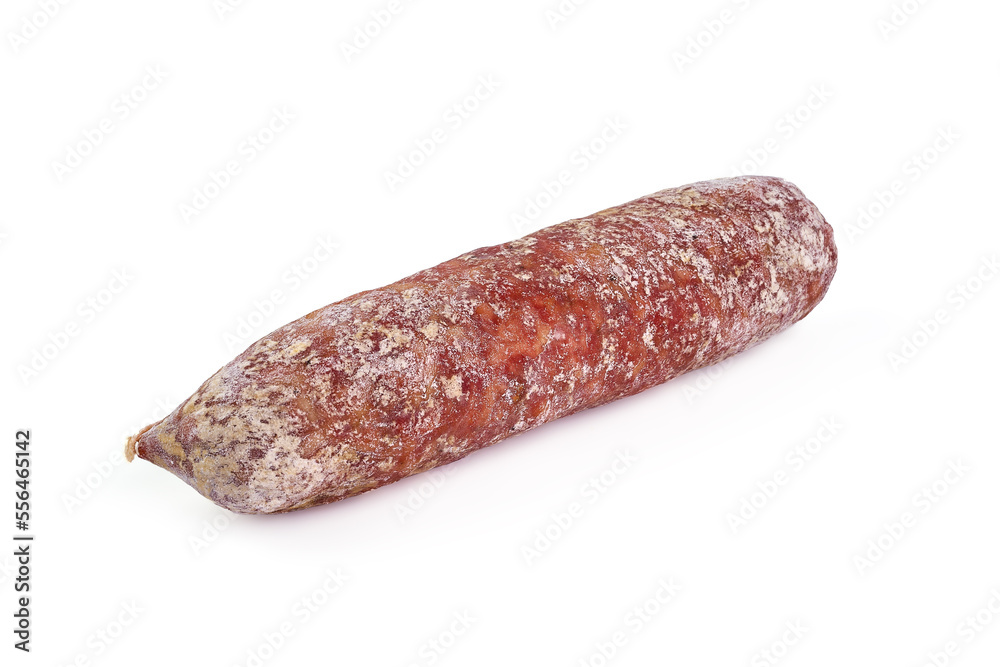 Cured salami sausage, Italian sausage with mold, isolated on white background. Cured salami sausage, Italian sausage with mold, isolated on white background.