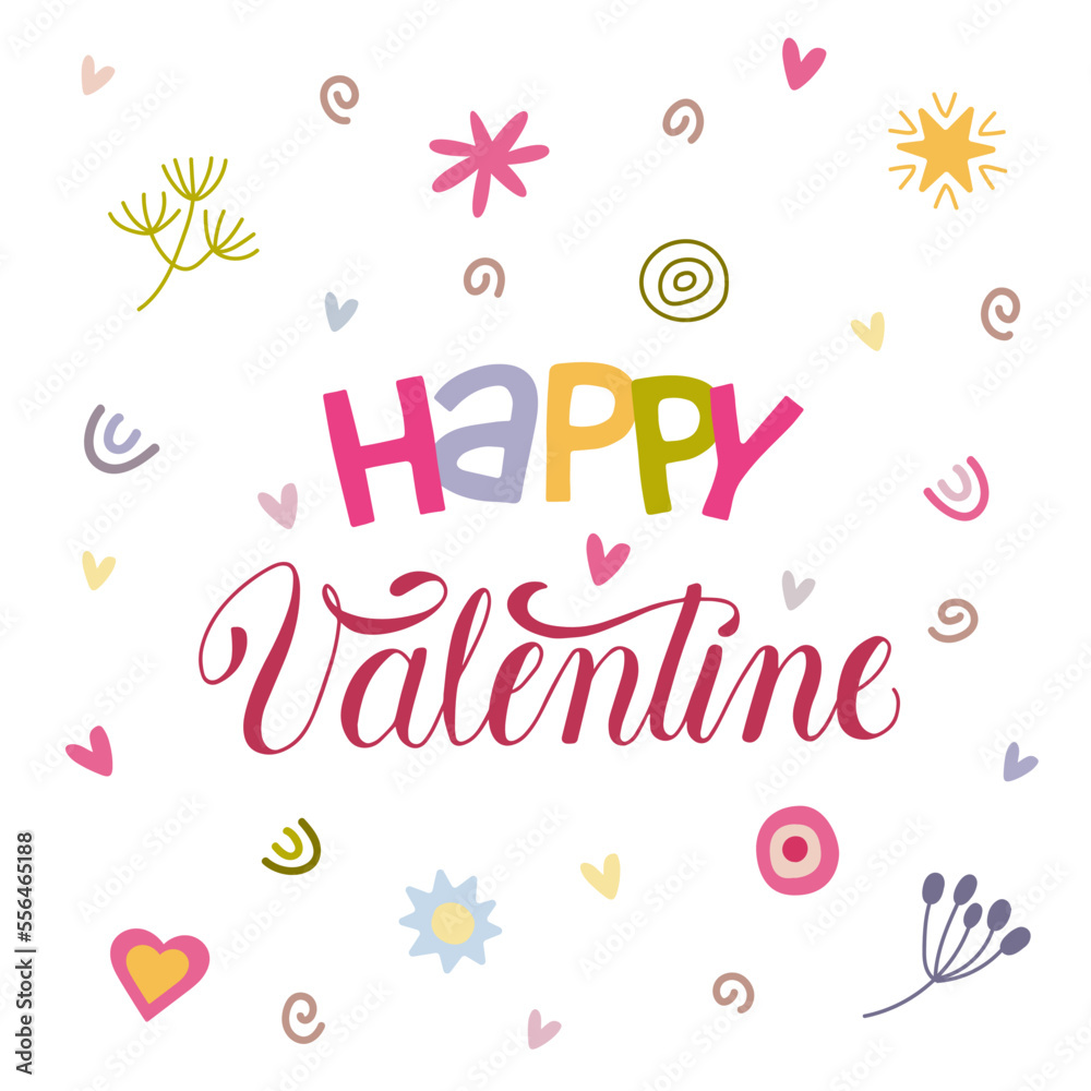 Hand drawn lettering Happy Valentine with decorative design elements.