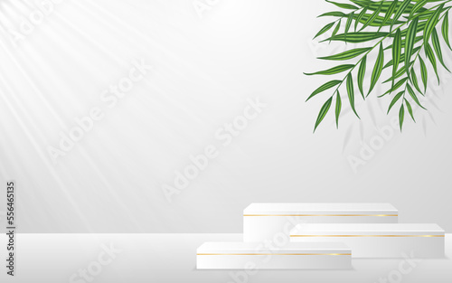 Multilayer white podium with green leaf on the back for product presentation. Cosmetic product display. vector illustration
