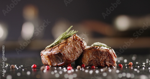 Beautiful peaces of grilled meat decorated on plate with rosemary and various spices. Art cookery being prepared before serving
