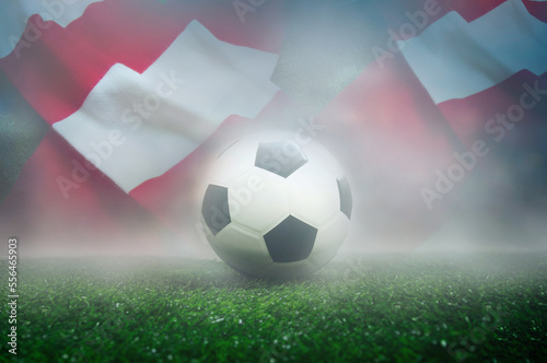 Football on green grass with Red and White color symbol   soccer supporters flag
