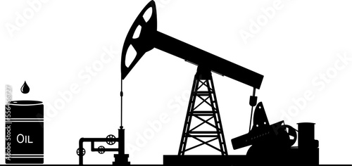 Pumping unit for oil production. Petroleum. Black silhouette of a pumping oil well and a barrel on an isolated white background. Energy industry. Vector illustration.