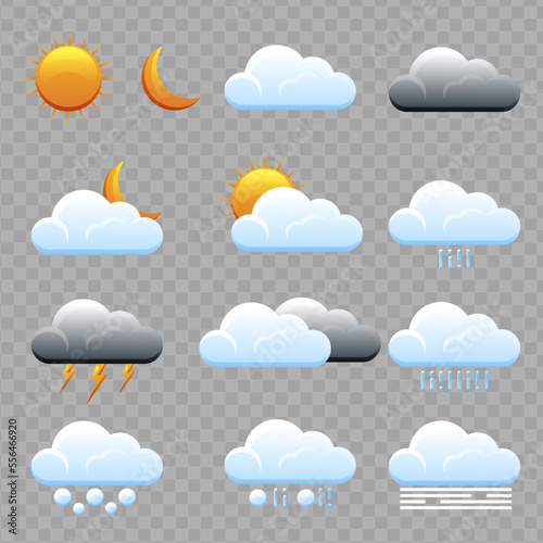 Weather icons. Realistic weather icons set isolated on transparent background. Forecast weather flat symbols.