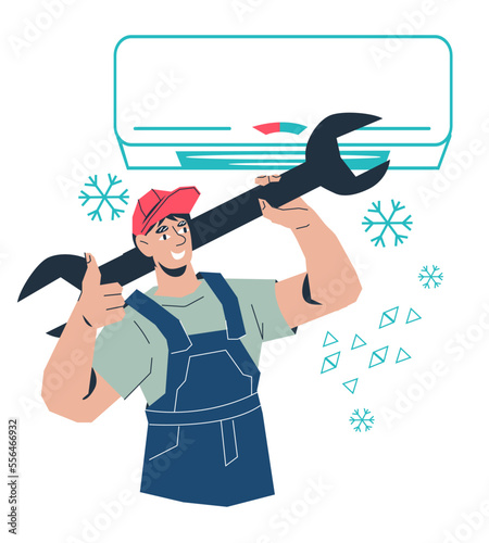 Air conditioner repair and maintenance works logo or emblem design with cartoon repairman, vector illustration isolated on white background. Air conditioner maintenance service symbol.