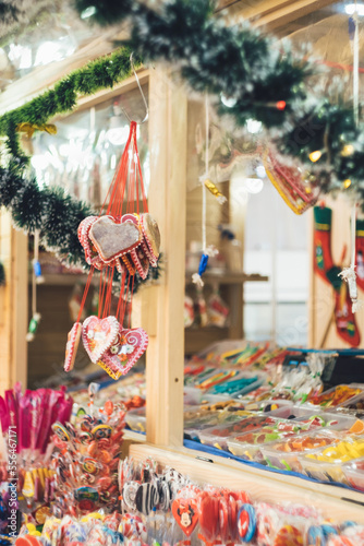 Holiday Christmas market stand with traditional ginger bread cookies and sweets in Novi Sad Serbia