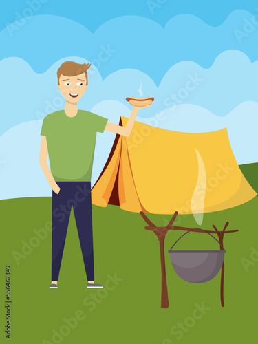 Camping young guy with hot dog, tent, campfire